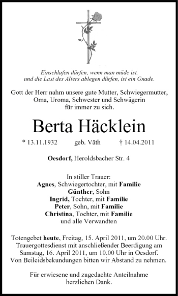 Anzeige von Berta Häcklein von MGO