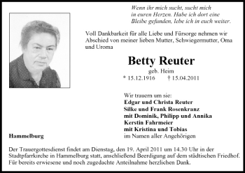 Anzeige von Betty Reuter von MGO