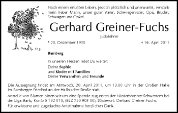 Anzeige von Gerhard Greiner-Fuchs von MGO