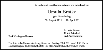 Anzeige von Ursula Bratke von MGO