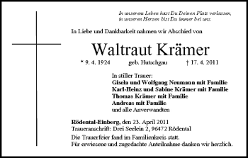 Anzeige von Waltraut Krämer von MGO
