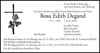 Anzeige von Rosa Edith Degand von MGO