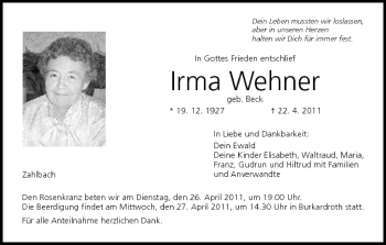 Anzeige von Irma Wehner von MGO