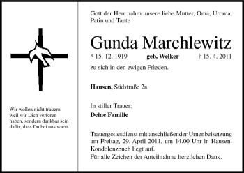 Anzeige von Gunda Marchlewitz von MGO