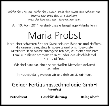Anzeige von Maria Probst von MGO