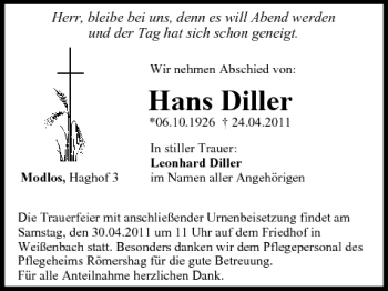 Anzeige von Hans Diller von MGO