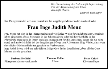 Anzeige von Inge Judith Menz von MGO