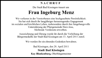 Anzeige von Ingeburg Menz von MGO