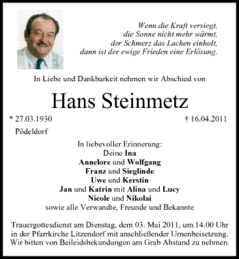 Anzeige von Hans Steinmetz von MGO