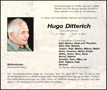 Anzeige von Hugo Ditterich von MGO