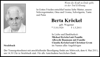 Anzeige von Berta Kröckel von MGO