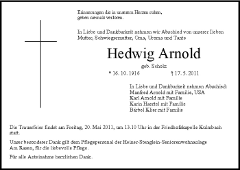 Anzeige von Hedwig Arnold von MGO