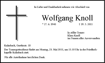 Anzeige von Wolfgang Knoll von MGO
