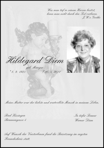Anzeige von Hildegard Diem von MGO