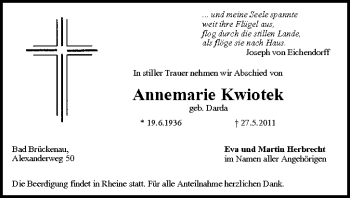 Anzeige von Annemarie Kwiotek von MGO
