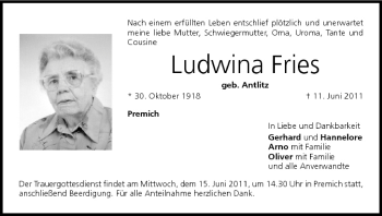 Anzeige von Ludwina Fries von MGO