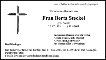 Anzeige von Berta Steckel von MGO