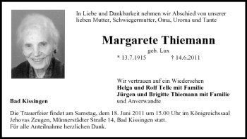 Anzeige von Margarete Thiemann von MGO