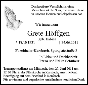 Anzeige von Grete Höffgen von MGO