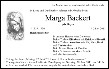 Anzeige von Marga Backert von MGO