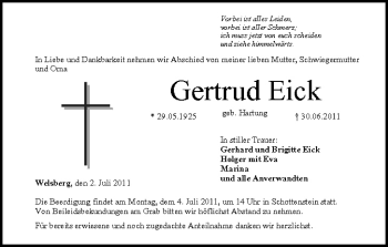 Anzeige von Gertrud Eick von MGO