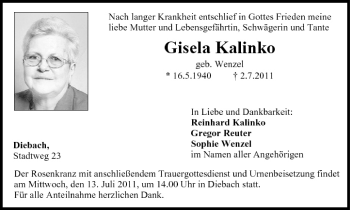 Anzeige von Gisela Kalinko von MGO