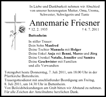 Anzeige von Annemarie Friesner von MGO