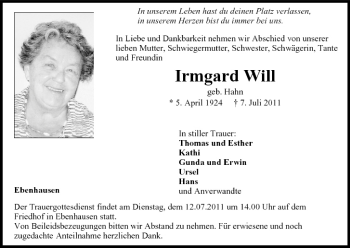 Anzeige von Irmgard Will von MGO