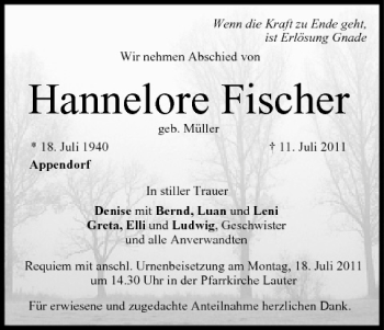 Anzeige von Hannelore Fischer von MGO