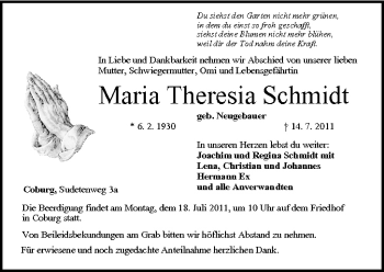 Anzeige von Maria Theresia Schmidt von MGO