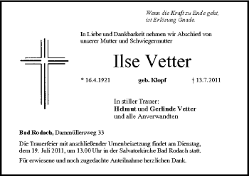 Anzeige von Ilse Vetter von MGO