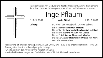 Anzeige von Inge Pflaum von MGO