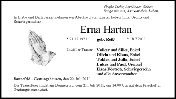 Anzeige von Erna Hartan von MGO