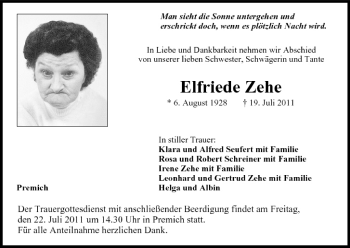 Anzeige von Elfriede Zehe von MGO