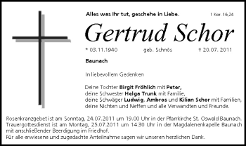 Anzeige von Gertrud Schor von MGO