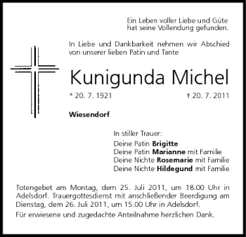 Anzeige von Kunigunda Michel von MGO