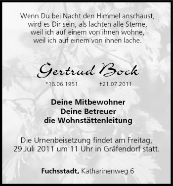 Anzeige von Gertrud Bock von MGO