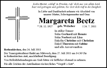 Anzeige von Margareta Beetz von MGO