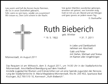 Anzeige von Ruth Bieberich von MGO