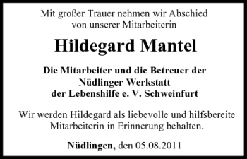 Anzeige von Hildegard Mantel von MGO
