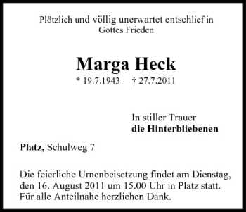 Anzeige von Marga Heck von MGO