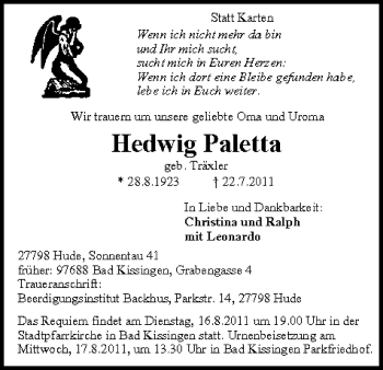 Anzeige von Hedwig Paletta von MGO