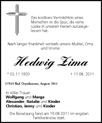 Anzeige von Hedwig Zima von MGO