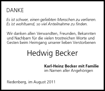 Anzeige von Hedwig Becker von MGO