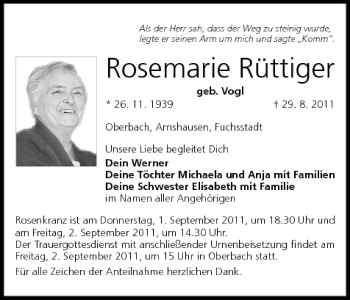 Anzeige von Rosemarie Rüttiger von MGO