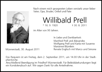 Anzeige von Willibald Prell von MGO