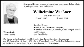 Anzeige von Wilhelmine Wießner von MGO