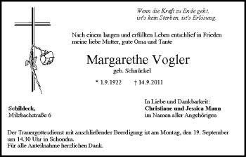 Anzeige von Margarethe Vogler von MGO