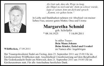 Anzeige von Margaretha Schmid von MGO