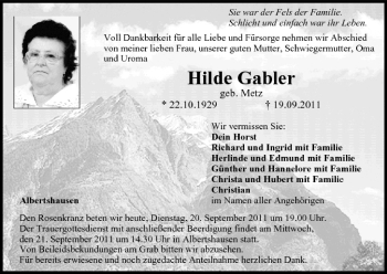 Anzeige von Hilde Gabler von MGO